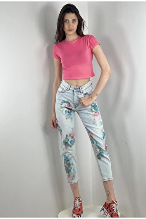 Misspoem Mom Jeans Çiçekli Özel Tasarım Denim % 100 Cotton 72738BC1