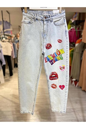 Misspoem Açık Mavi Mom Jeans Özel Tasarım baskılı Denim Pantolon % 100 Pamuk 72738