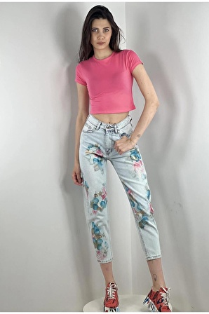 Misspoem Açık mavi Mom Jeans Özel Tasarım Çiçekli Denim % 100 Cotton 72738BC