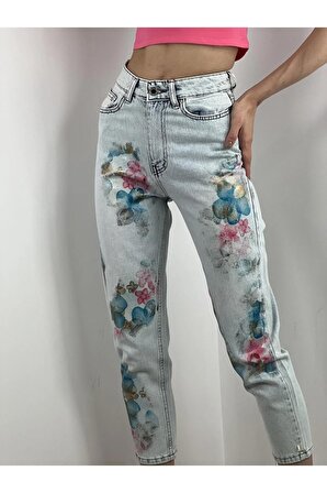 Misspoem Açık mavi Mom Jeans Özel Tasarım Çiçekli Denim % 100 Cotton 72738BC