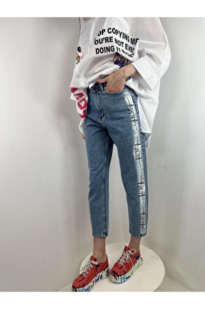 Mavi Mom Jeans Çoklu Baskı Ve Varak Detaylı Denim Pantolon Denim % 100 Cotton 72738K-5