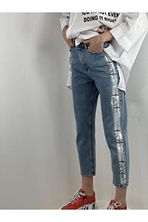 Mavi Mom Jeans Çoklu Baskı Ve Varak Detaylı Denim Pantolon Denim % 100 Cotton 72738K-5