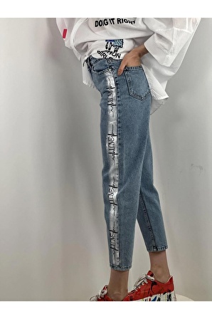 Mavi Mom Jeans Çoklu Baskı Ve Varak Detaylı Denim Pantolon Denim % 100 Cotton 72738K-5