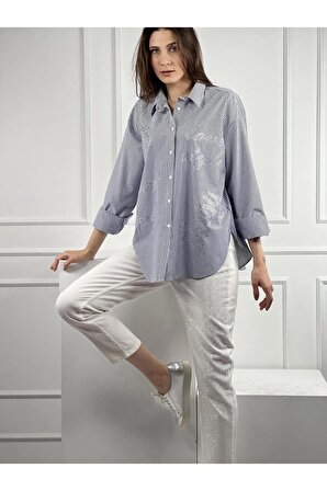 Mom Jeans Tek Bacak Full Taş Yapıştırma Denim Pantolon % 100 Cotton 72801-2