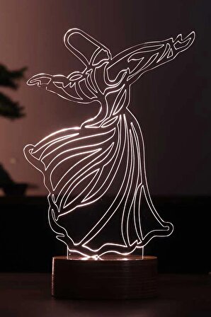 Semazen Figürlü Dekoratif Hediye Led Masa Lambası | 7 Işık Rengi | Ahşap Taban