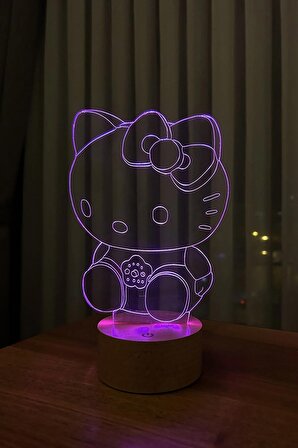 Hello Kitty Figürlü Dekoratif Hediye Led Masa Lambası | 7 Işık Rengi | Ahşap Taban