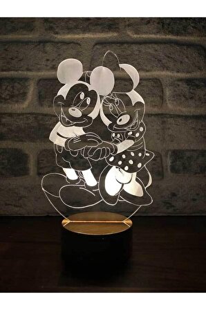Mickey Ve Minnie Mouse Figürlü Dekoratif Hediye Led Masa Lambası | 7 Işık Rengi | Ahşap Taban
