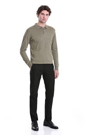 Yeşil Regular Fit Düz Polo Yaka Triko Kazak | XL