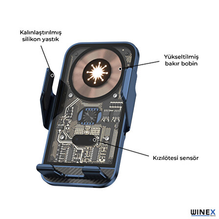 Winex C10 15W Sensörlü Araç İçi Kablosuz Hızlı Şarj Aleti ve Telefon Tutucu