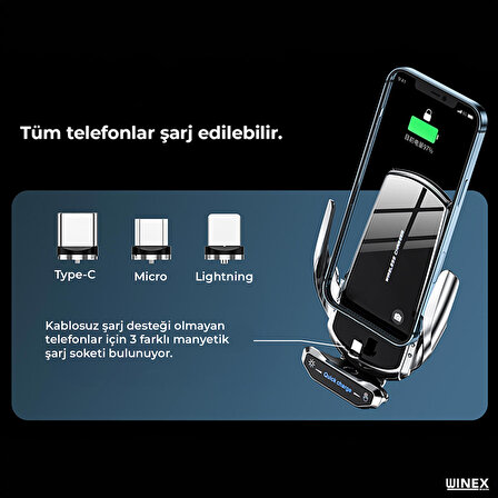 Winex Q9 15W Sensörlü Araç İçi Kablosuz Hızlı Şarj Aleti ve Telefon Tutucu