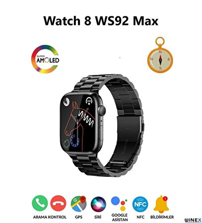 Winex Watch 8 WS92 Max Amoled Ekran Android İos HarmonyOs Uyumlu Akıllı Saat Siyah