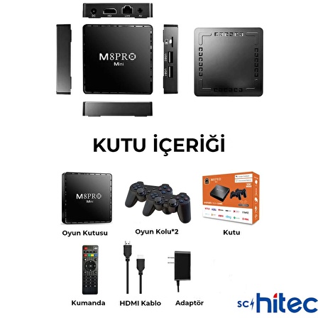 ScHitec Android TV Box 10K Ultra HD 2Gb Ram 16+64Gb Hafıza + 40139 Retro Oyunlu Konsol M8pro