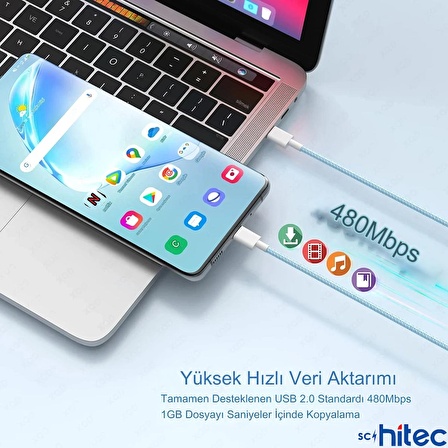 ScHitec 3in1 İphone 15 Uyumlu PD35W Şarj Aleti - 6A 66W Type-C to Type-C Örgülü Kablo - Type-C Earpods Kablolu Kulaklık