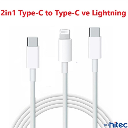 ScHitec PD35W Type-C Çıkışlı Ev Tipi Şarj 2in1 5A 120W Type-C to Type-C ve Lightning Hızlı Şarj Kablolu Set Beyaz