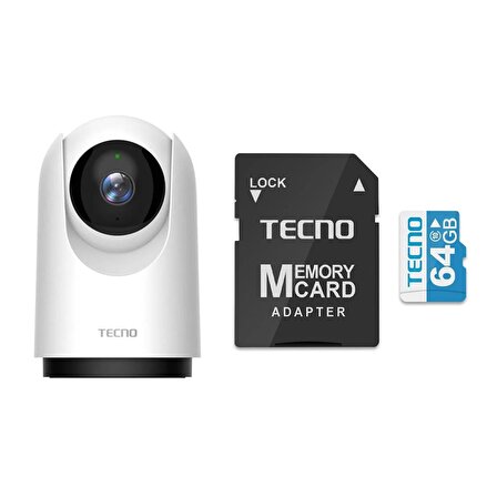 Tecno TH300 3MP 2K Ultra HD 360° Kablosuz Wifi Güvenlik Kamerası + Tecno 64Gb 100Mb/s Micro Sd Hafıza Kartı ve Adaptörü
