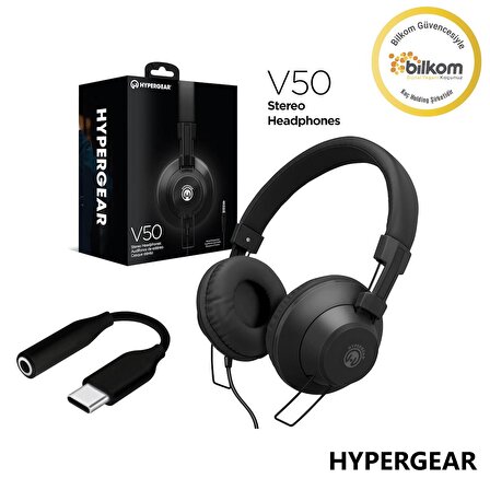 Hypergear 2024 V50 Type-C ve 3.5mm Jack Girişli Mikrofonlu Kablolu Kulaküstü Kulaklık Siyah