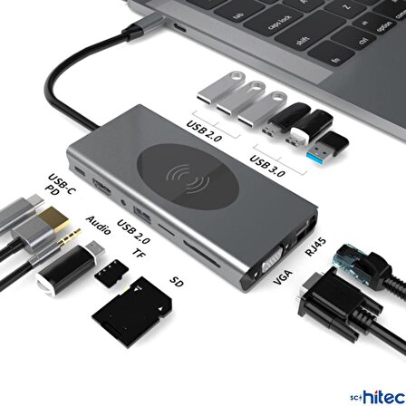 ScHitec 15in1 Hub Kablosuz Şarj/Type-C to 4K HDMI/UsbA 3.0/TF SD/VGA/3.5mm/AUX/PD/RJ45 Gigabit Ethernet Dönüştürücü Adaptör