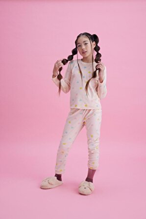 Kız Çocuk Termal Soft Pembe Kalpli Pijama Takımı