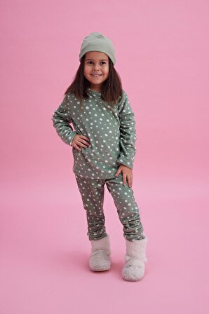 Kız Çocuk Termal Soft Yeşil Puantiye Desen Pijama Takım