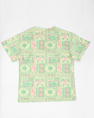 Çocuk Desenli Yeşil Oversize Kısa Kol T-Shirt