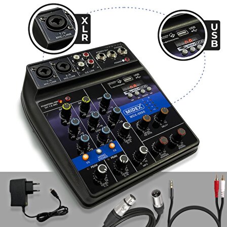 Midex MDX-999X Stüdyo Kayıt İçin Ses Kartlı +48V Phantomlu Kayıt Mikseri ( XLR Kablo + Rca Hediye)