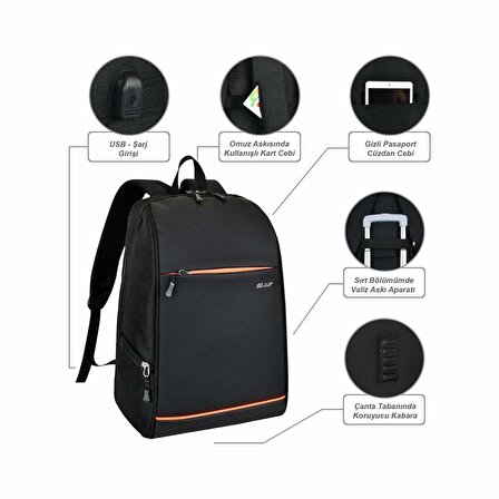 Waddell Siyah Smart Bag Gizli USB Şarj Girişli Akıllı Sırt Çantası (3050)