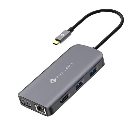 Novoo Type-C to 3*USB-A 3.0 HDMI 4K@30Hz VGA RJ45 PD 100W SD TF Kart Okuyucu HUB