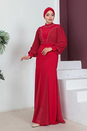 Kol Ve Göğüs Plise Detaylı Tesettür Abiye Elbise 751-Kırmızı