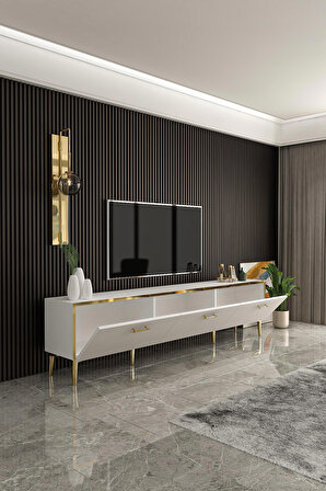 Givayo Mobilya Manolya 180 cm Altın Ayaklı Beyaz Tv Ünitesi