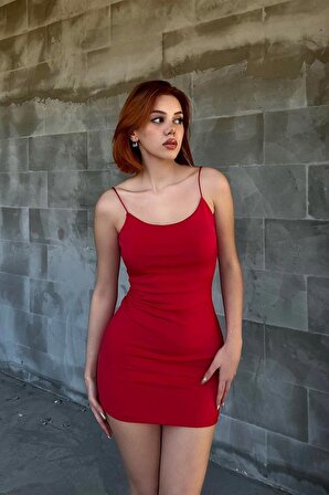 Kırmızı İp Askılı Mini Elbise