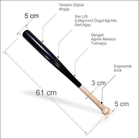 Orjinal Muhafazalı Dengeli 0,68gr(cm3 Özgül Ağırlığında Sert Beyzbol Baseball Sopası Odunu Tahtası