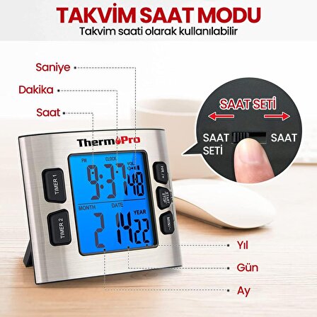 NPO ThermoPro TM02 Mutfak, Spor, Ders için Alarmlı, Işıklı, Çift Geri Sayımlı Kronometre ve Dijital Saat