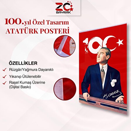 100.Yıl Özel Tasarım Atatürk Poster Bayrak Raşel Kumaş Dijital Baskı 70x105