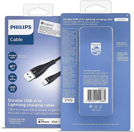 Philips Apple MFI Lisanslı UsbA to Lightning 1.2Metre Hızlı Data ve Şarj Kablosu Siyah DLC5204V/00