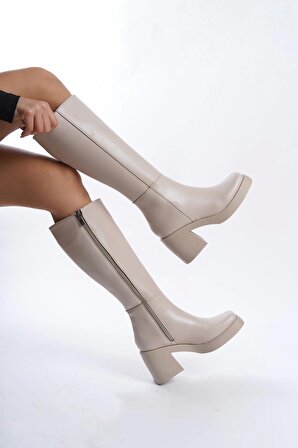 Ava Küt Burun Platform Topuklu Çizme Bej