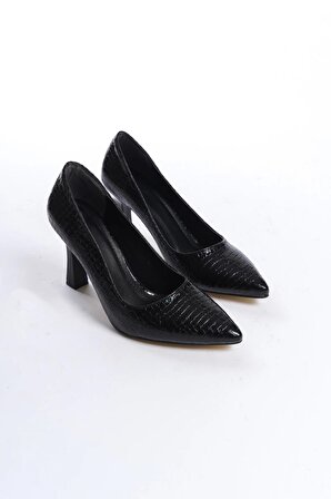 Denia Timsah Derisi Görünümlü Topuklu Siyah Ayakkabı