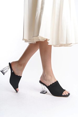Emma Günlük Kadın Örme Dantelli Triko Terlik 7 cm Şeffaf Topuklu Ayakkabı