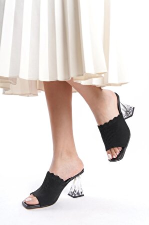 Emma Günlük Kadın Örme Dantelli Triko Terlik 7 cm Şeffaf Topuklu Ayakkabı