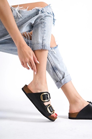 Anetta Kadın Kalın Çift Toka Siyah Terlik