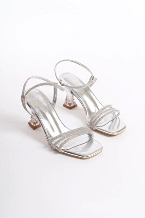 Mita Kadın Klasik Taşlı Biyeli Gümüş Yüksek Topuklu Ayakkabı