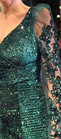 Yeşil Uzun Kollu Balık Etekli Kadife Payet Uzun Abiye Elbise 7438