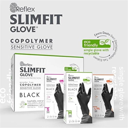 Reflex Slımfıt Glove Pudrasız Tek Kullanımlık Yeni Nesil Teknoloji Siyah M Beden Eldiven 100'lü Paket