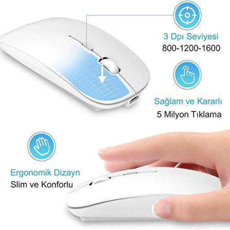 HyMark Sessiz Tıklama Şarjlı Çift Modlu Bluetooth Kablosuz 2.4Ghz Beyaz Mouse