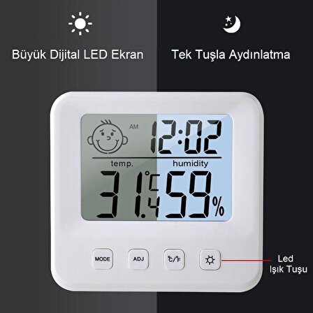 UpWay Dijital LCD Masaüstü Saat Sıcaklık Nem Konfor Alarm Led Işıklı Mini Saat