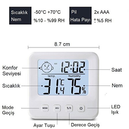 UpWay Dijital LCD Masaüstü Saat Sıcaklık Nem Konfor Alarm Led Işıklı Mini Saat