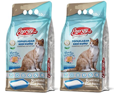 Energy Marsilya Sabunu Kokulu İnce Taneli Topaklaşan Bentonit Kedi Kumu 2 x10 Paket= 20 Litre