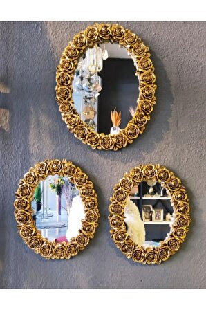 Dekoratif 3'lü Duvar Aynası Gold Renk Çiçek Desenli Polyester Ayna Takımı