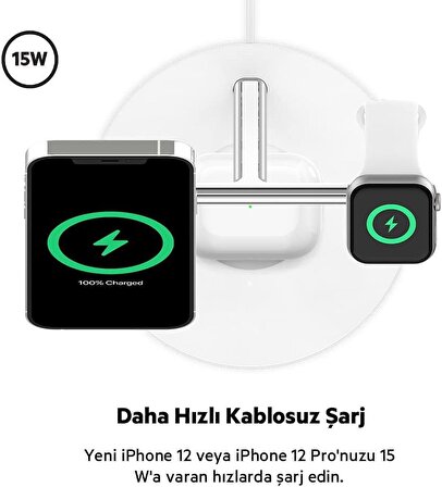 iPhone 13 + Apple Watch + AirPods için Belkin BoostCharge PRO Uyumlu MagSafe'li Kablosuz Şarj Cihazı