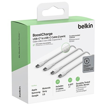 Belkin Type-C to Type-C Örgülü Kablo 1 Metre (İkili Paket) - Beyaz CAB004BT1MWH2PK