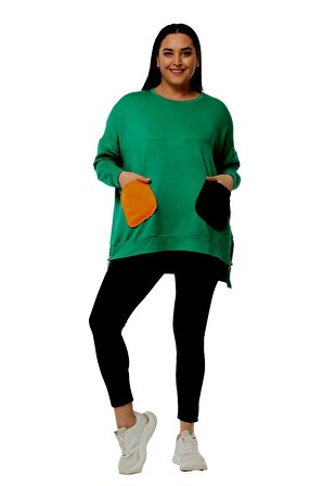 Kadın Büyük Beden Renkli Cepli Ekstra Rahat Kalıp Yeşil Sweatshirt